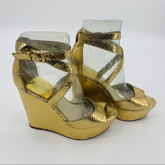 Michael Kors Gold Metallic Snakeskin Sandal Wedges - Picture 4 of 8